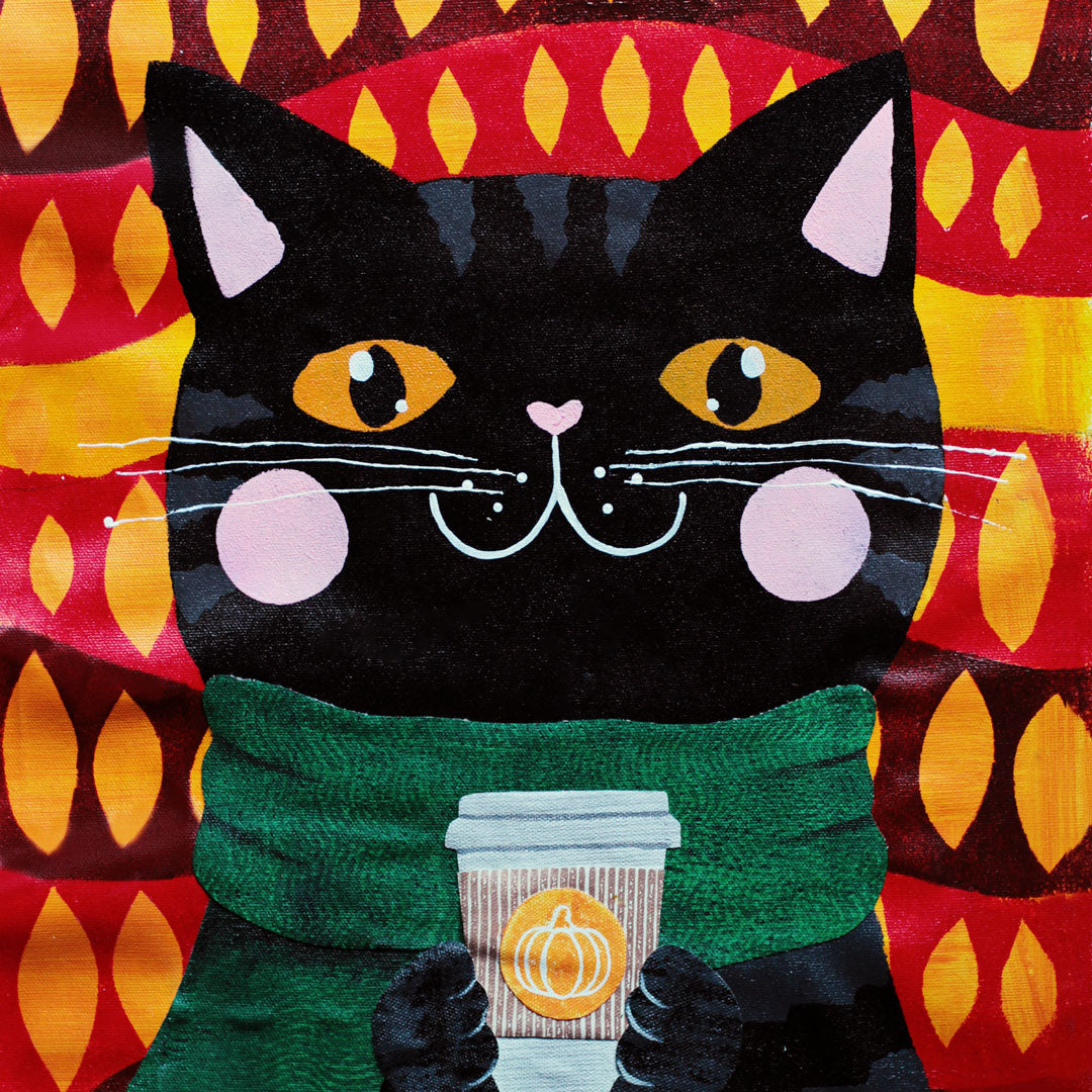 Pumpkin Spice Kitty Printmaking, Acrylic Painting & Collage